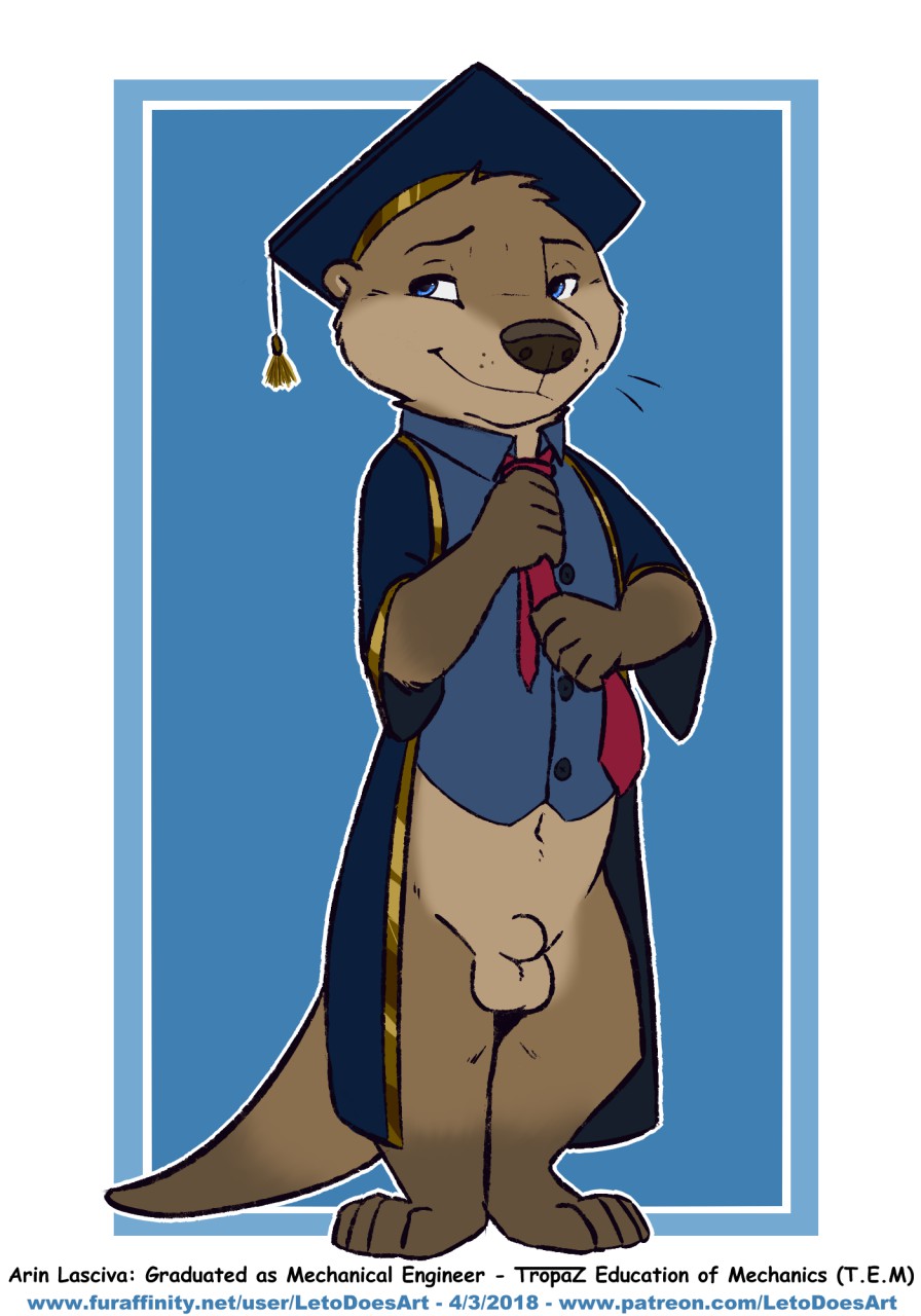 animal_genitalia arin_(letodoesart) balls bottomless clothed clothing graduation letodoesart male mammal mustelid otter sheath solo