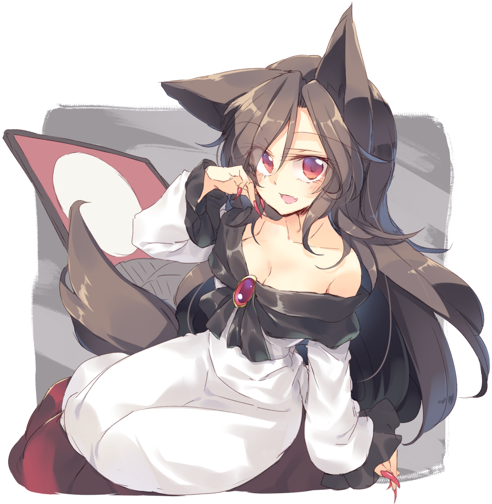 animal_ears bare_shoulders black_hair brooch commentary_request dress fingernails full_body imaizumi_kagerou jewelry long_fingernails long_hair looking_at_viewer nail_polish red_eyes red_nails satou_kibi sharp_fingernails sitting solo tail touhou wolf_ears wolf_tail