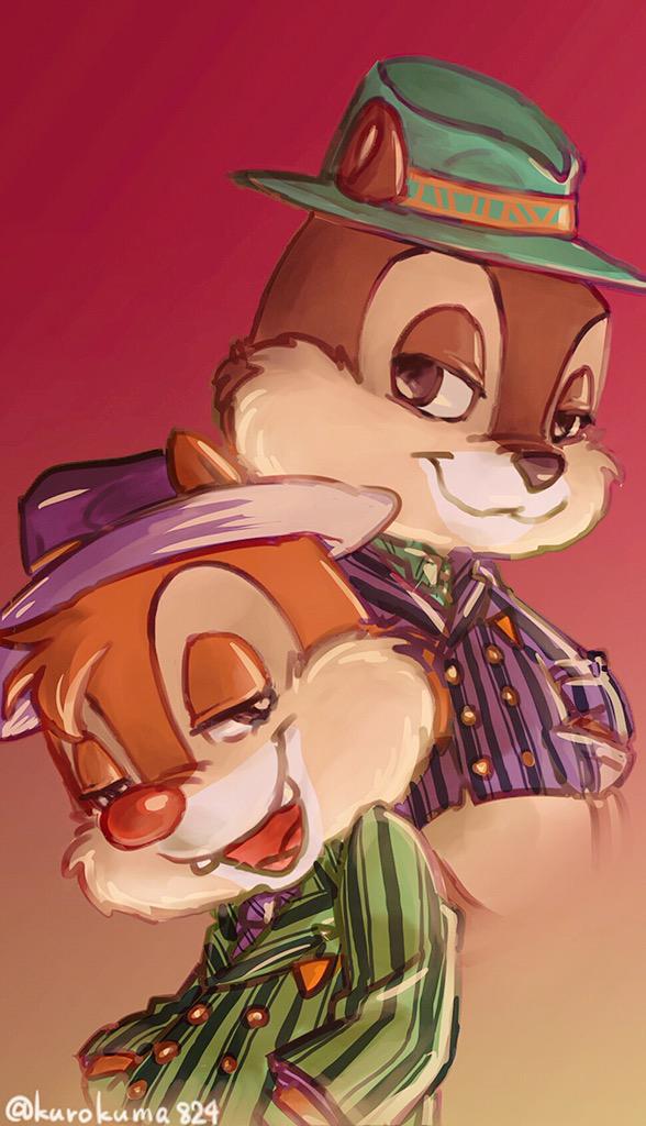 2015 anthro black_nose bottomless brown_fur buckteeth chip_'n_dale_rescue_rangers chip_(cdrr) chipmunk clothed clothing dale_(cdrr) disney duo fur gangster gradient_background half-closed_eyes hat head_tuft kurokuma824 looking_at_viewer male mammal open_mouth open_smile red_nose rodent simple_background smile suit teeth trilby_(hat) tuft