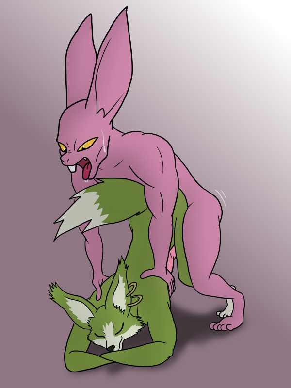 abstract_background canine dragon_ball dragon_ball_super dyspo_(dragon_ball_super) fox fur green_fur lagomorph majora_(dbs) male male/male mammal multicolored_fur nude penis purple_skin rabbit sex sweat two_tone_fur unknown_artist