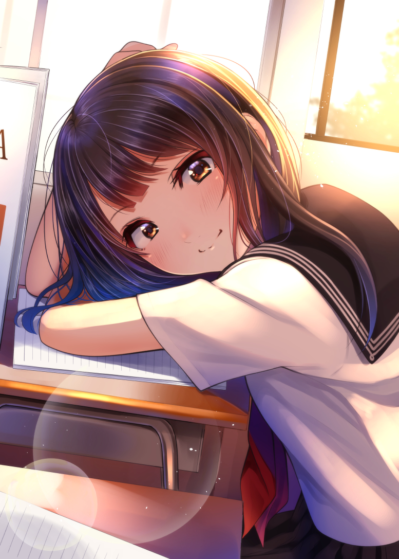 bangs black_hair brown_eyes classroom closed_mouth desk dutch_angle kentaurosu lens_flare light_rays long_hair looking_at_viewer original school_desk school_uniform serafuku smile solo