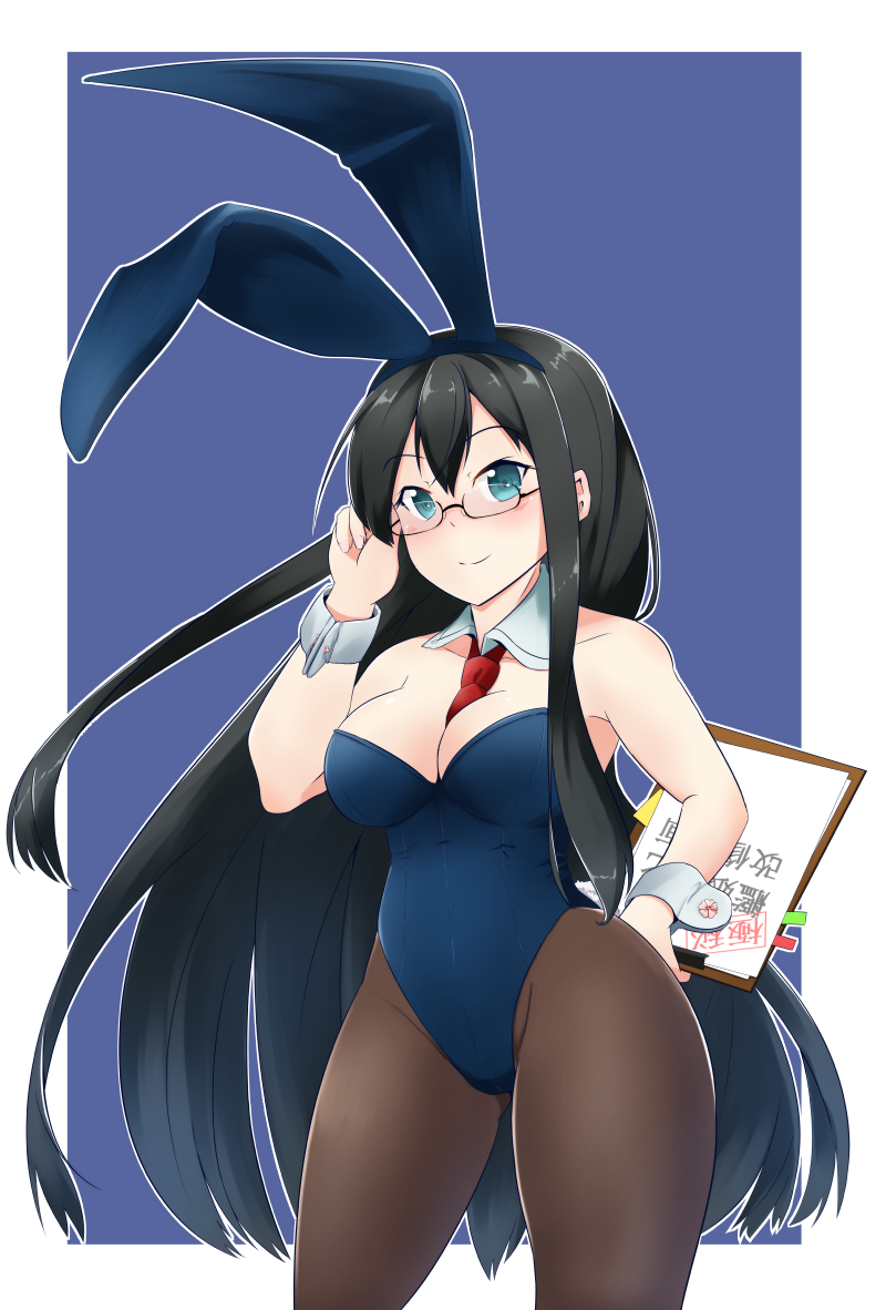 adjusting_eyewear alternate_breast_size alternate_costume animal_ears arm_behind_back armpits bare_shoulders beret black_gloves black_hair blue_eyes blue_leotard bow bowtie breasts bunny_ears bunny_girl bunny_tail bunnysuit cleavage clipboard detached_collar fake_animal_ears glasses gloves hat kantai_collection large_breasts leotard long_hair ooyodo_(kantai_collection) pantyhose semi-rimless_eyewear strapless strapless_leotard tail wrist_cuffs zefutefu