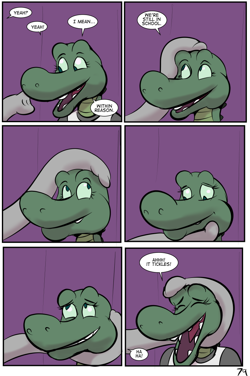 2018 alligator angie_(study_partners) anthro clothed clothing comic crocodilian elephant english_text eyes_closed faceless_male fangs female green_eyes laugh male mammal open_mouth ragdoll_(study_partners) reptile scalie speech_bubble study_partners teeth text thunderouserections tickling tongue trunk young