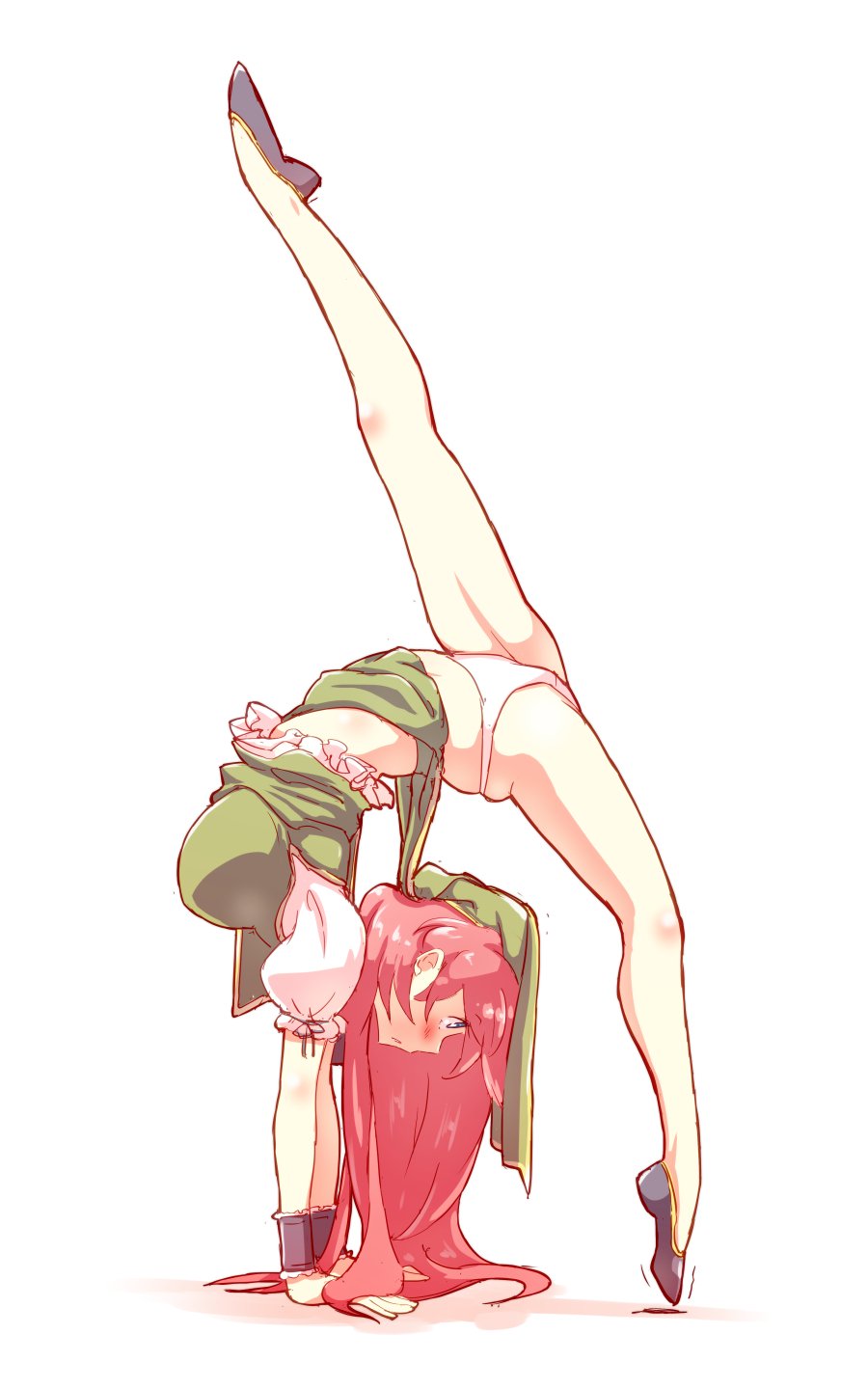 :o alternate_hairstyle arched_back bare_legs black_footwear blue_eyes breasts commentary flexible frills from_side full_body green_skirt green_vest handstand highres hong_meiling large_breasts long_hair long_skirt motion_lines no_hat no_headwear no_socks non_(z-art) panties parted_lips puffy_short_sleeves puffy_sleeves red_hair shirt shoes short_sleeves simple_background skindentation skirt solo split touhou trembling underwear upside-down upskirt vest white_background white_panties white_shirt wrist_cuffs