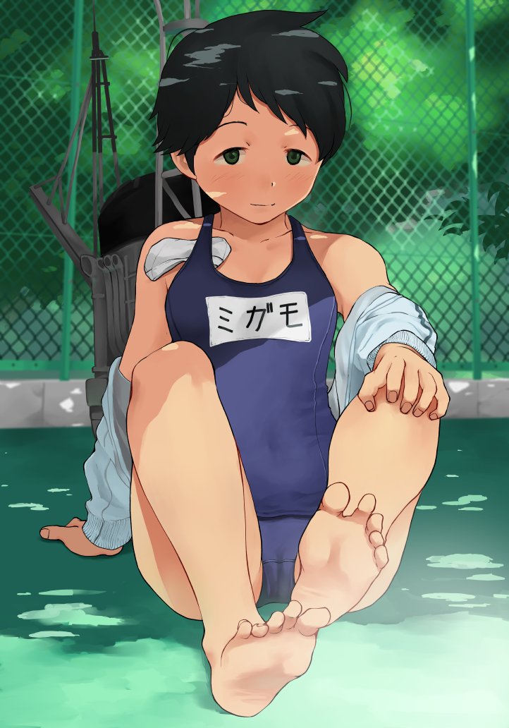 barefoot black_eyes black_hair blue_swimsuit chain-link_fence dappled_sunlight fence full_body in_swimsuit jacket kantai_collection looking_at_viewer machinery mogami_(kantai_collection) name_tag one-piece_swimsuit school_swimsuit shade sitting smile smokestack solo sunlight swim_cap_removed swimsuit tooku_nomura_(artist) white_jacket
