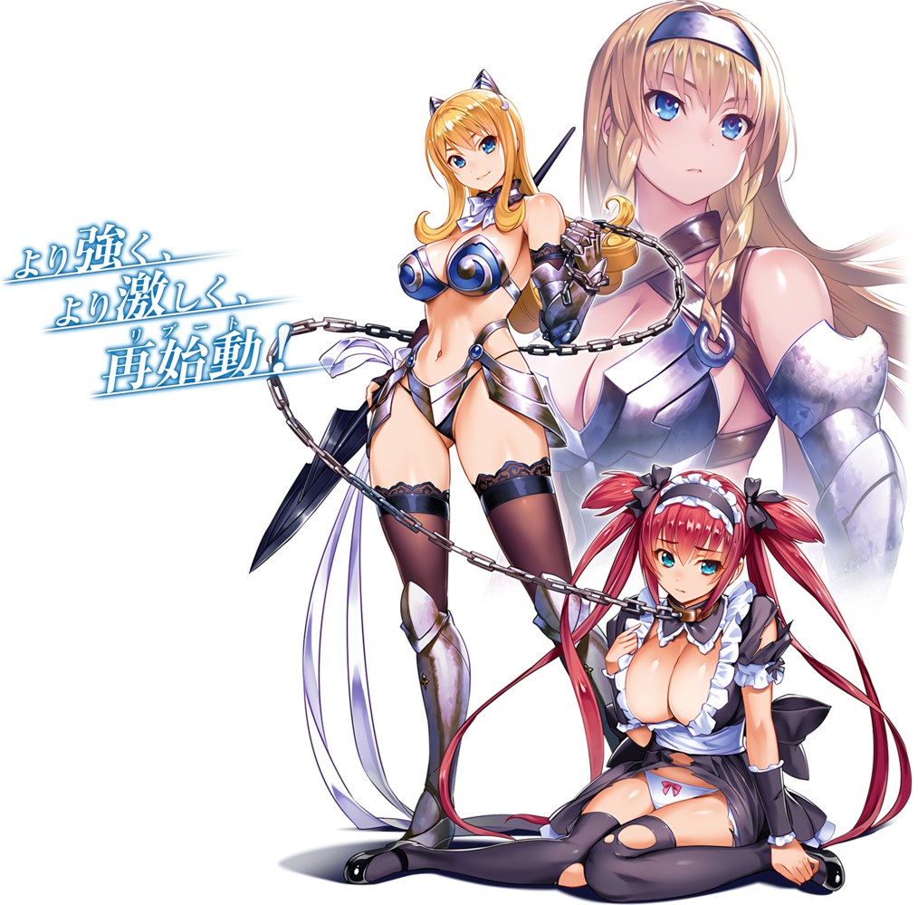 3girls airi_(queen's_blade) bikini_armor blonde_hair blue_eyes bow_panties breasts cleavage collar elina female huge_breasts humiliation knees_together_feet_apart large_breasts leina long_hair looking_at_viewer maid multiple_girls navel official_art panties queen's_blade queen's_blade_unlimited red_hair sitting smile standing tied_hair torn_clothes twintails