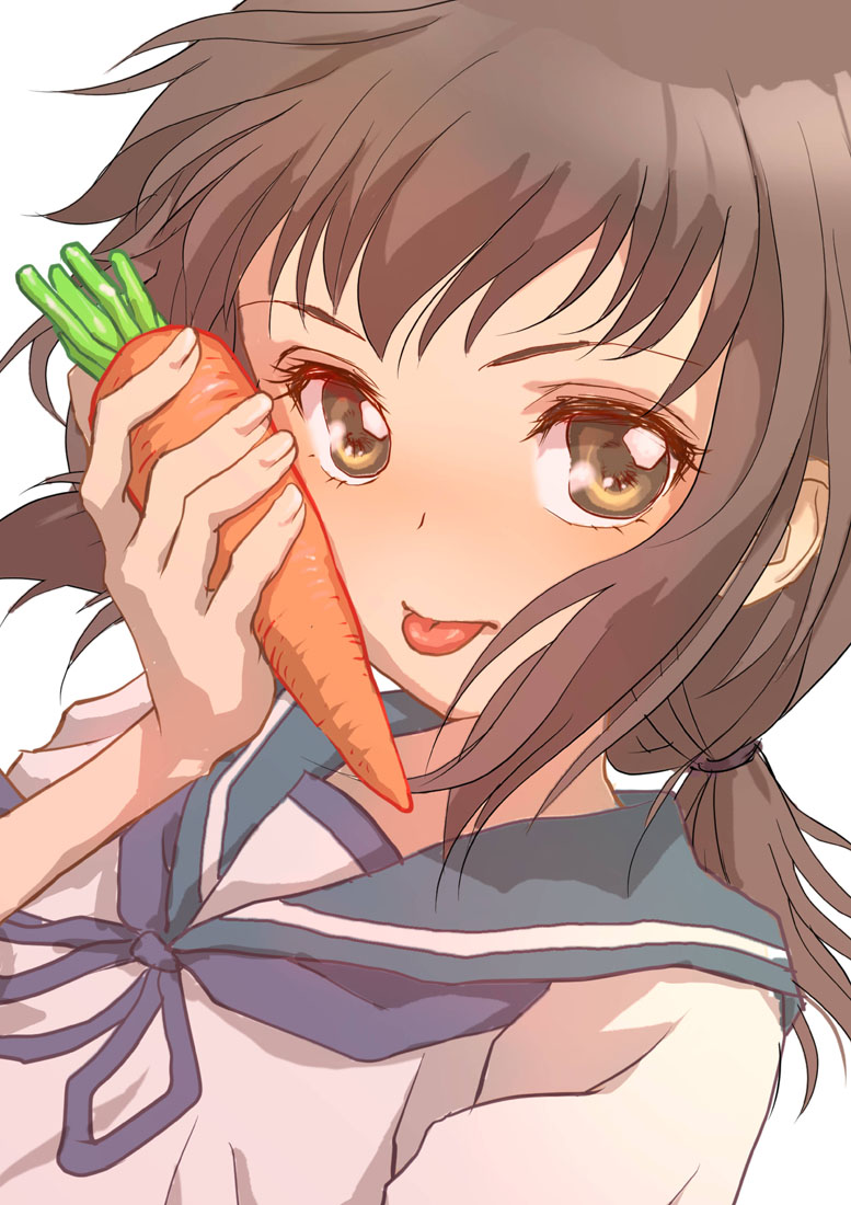 :p bangs blue_neckwear blue_ribbon blue_sailor_collar brown_eyes brown_hair carrot closed_mouth commentary_request food fubuki_(kantai_collection) hair_tie holding holding_food itsuki_ama kantai_collection long_hair looking_at_viewer low_ponytail ribbon sailor_collar school_uniform serafuku shirt simple_background smile solo tareme tongue tongue_out upper_body vegetable white_background white_shirt