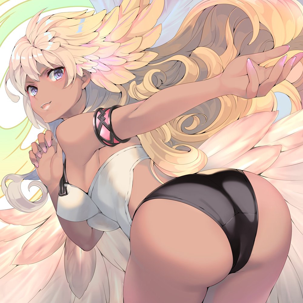 :d angel angel_wings armlet armpits ass bare_shoulders bent_over black_panties blonde_hair blush breasts crop_top curly_hair dark_skin eyeshadow fang feathered_wings from_behind granblue_fantasy harut_(granblue_fantasy) head_wings long_hair looking_at_viewer looking_back makeup medium_breasts nail_polish naruse_hirofumi open_mouth outstretched_arm panties pink_nails purple_eyes smile solo standing thighs underwear very_long_hair wings