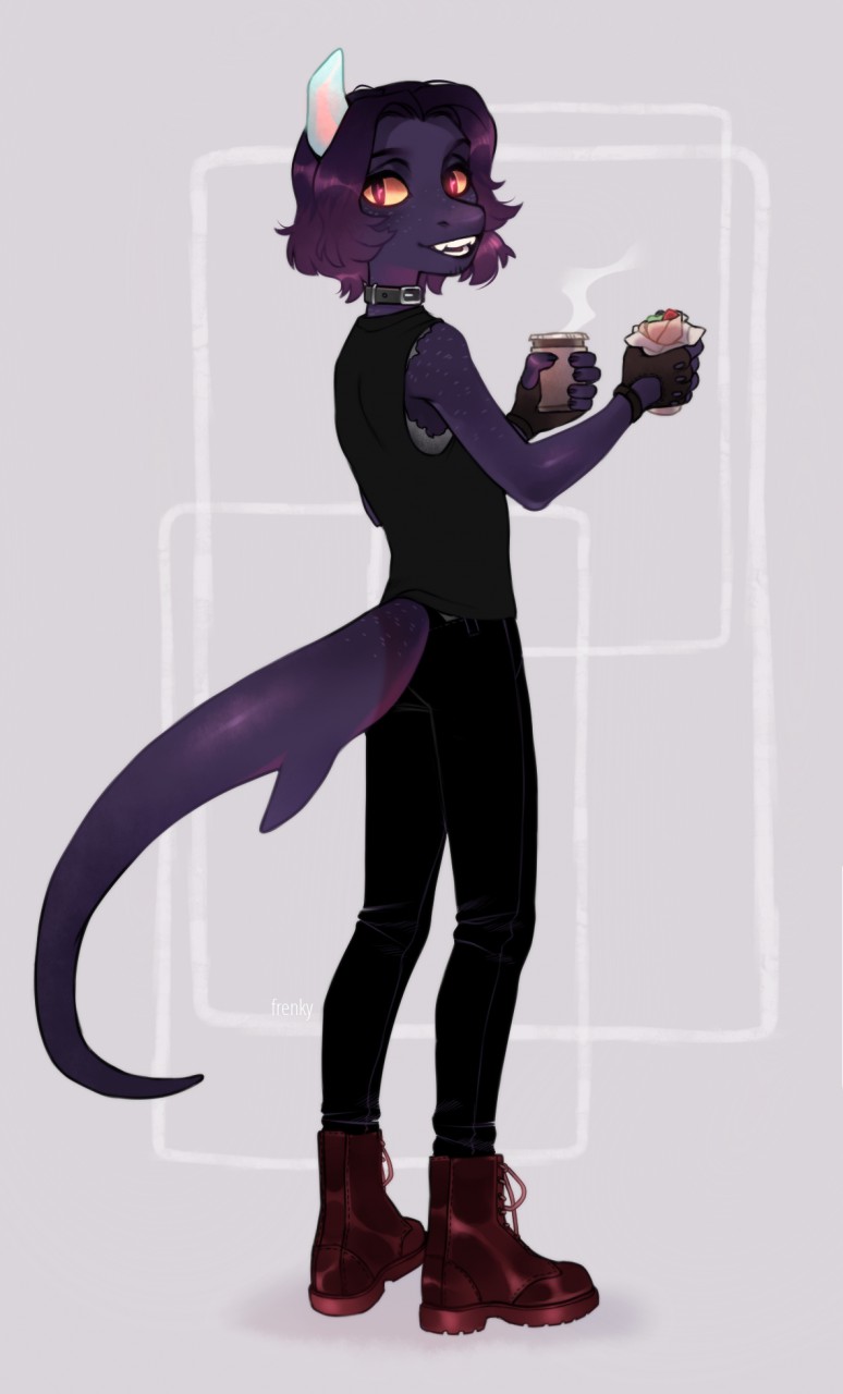 anthro beverage boots burrito clothed clothing coffee collar fingerless_gloves food footwear frenky_hw girly gloves hair holding_object lizard looking_at_viewer looking_back male med_matsuno pants purple_hair purple_scales red_eyes reptile scales scalie sharp_teeth shirt simple_background sleeveless smile solo standing t-shirt teeth yellow_sclera