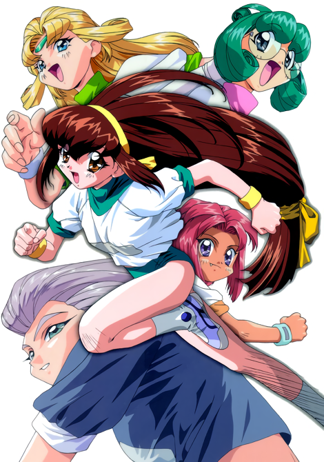 90s anna_respighi aqua_eyes ayla_v_roznovsky battle_athletes blonde_hair blue_eyes brown_eyes brown_hair buruma fang green_hair hairband jessie_gurtland kanzaki_akari long_hair low-tied_long_hair multiple_girls non-web_source official_art open_mouth parted_lips pink_hair ribbon_bangs short_hair short_sleeves simple_background tanya_natdhipytadd track_uniform very_long_hair white_background wristband