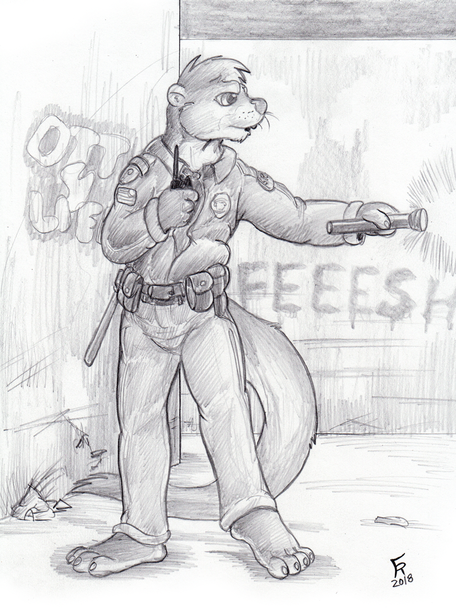 2018 anthro clothed clothing flashlight flinters fur graffiti male mammal monochrome mustelid otter police_uniform solo uniform whiskers