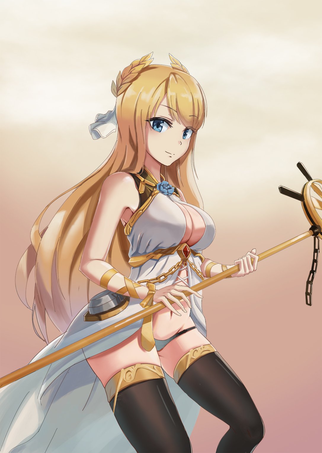 armpits azur_lane bare_shoulders black_legwear black_panties blonde_hair blue_eyes breasts cleavage commentary_request eyebrows_visible_through_hair flower_ornament gan-viking highres holding holding_staff jewelry laurel_crown long_hair looking_at_viewer medium_breasts navel panties ribbon rigging simple_background sleeveless solo staff standing thighhighs thighs turret underwear veil very_long_hair victorious_(azur_lane) wrist_ribbon