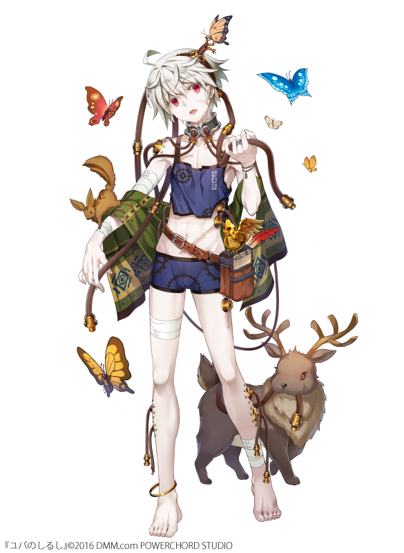 ahoge bandages biting bug butterfly cable character_request choker copyright_name deer feet full_body hairband insect jewelry legs looking_at_viewer male_focus navel open_mouth pipes pouch red_eyes ring scar short_hair short_shorts shorts simple_background solo squirrel standing standing_on_one_leg taranbo white_hair wrist_cuffs yuba_no_shirushi