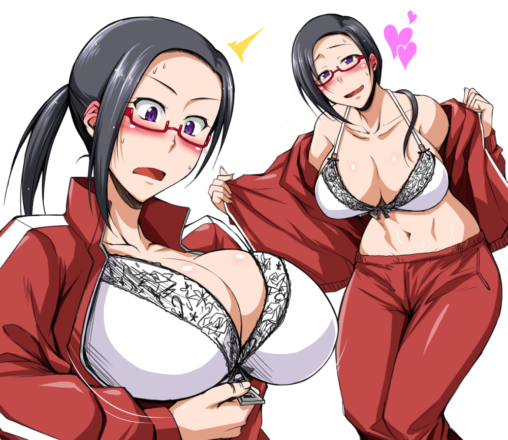 black_hair blush breasts collarbone demi-chan_wa_kataritai heart huge_breasts inconvenient_breasts jacket kimura_naoki long_hair multiple_views navel nose_blush open_clothes open_jacket pants ponytail purple_eyes red_jacket red_pants red_track_suit satou_sakie sweat track_jacket track_suit zipper_pull_tab