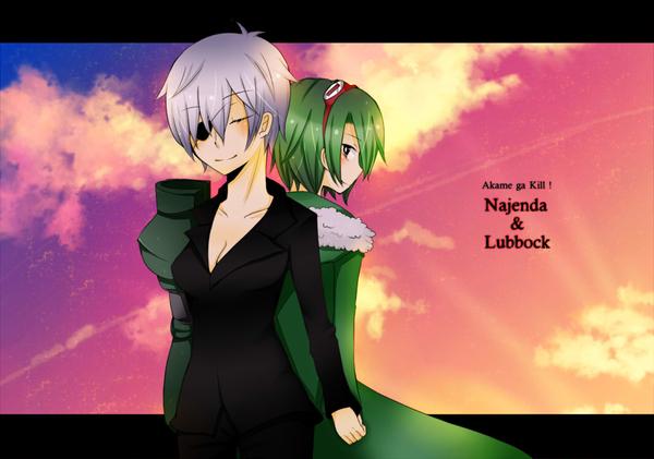 10s 1boy 1girl akame_ga_kill! blush breasts character_name clouds eyepatch formal goggles goggles_on_head green_eyes green_hair jacket large_breasts lubbock mechanical_arm najenda short_hair silver_hair smile suit