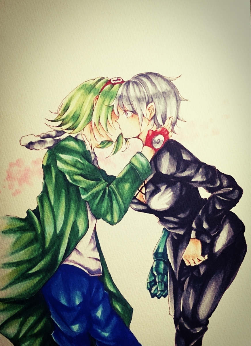 10s 1boy 1girl akame_ga_kill! blush breasts coat fingerless_gloves formal gloves goggles goggles_on_head green_hair kiss kissing large_breasts lubbock matching_hair/eyes mechanical_arm najenda purple_eyes short_hair silver_hair suit