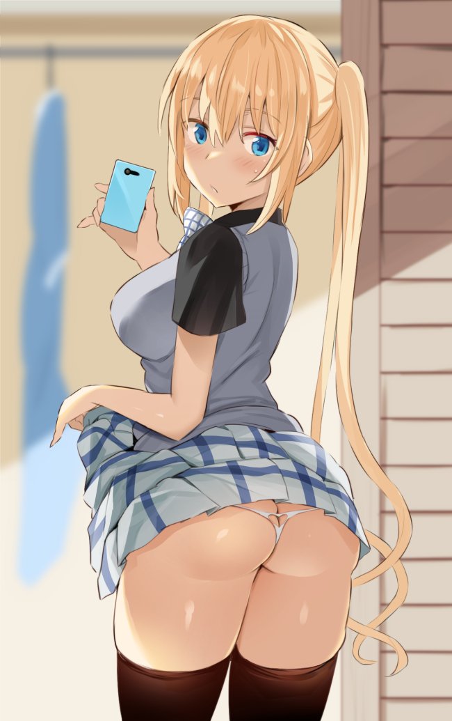 ass black_shirt blend_s blonde_hair blue_skirt blurry blurry_background blush brown_legwear cellphone closed_mouth depth_of_field from_behind heart_cutout hinata_kaho holding holding_phone indoors lifted_by_self long_hair looking_back micro_panties noripachi panties phone plaid plaid_skirt self_shot shiny shiny_skin shirt sidelocks skirt skirt_lift smartphone solo sunlight sweatdrop sweater_vest tareme thighhighs thong twintails underwear white_panties