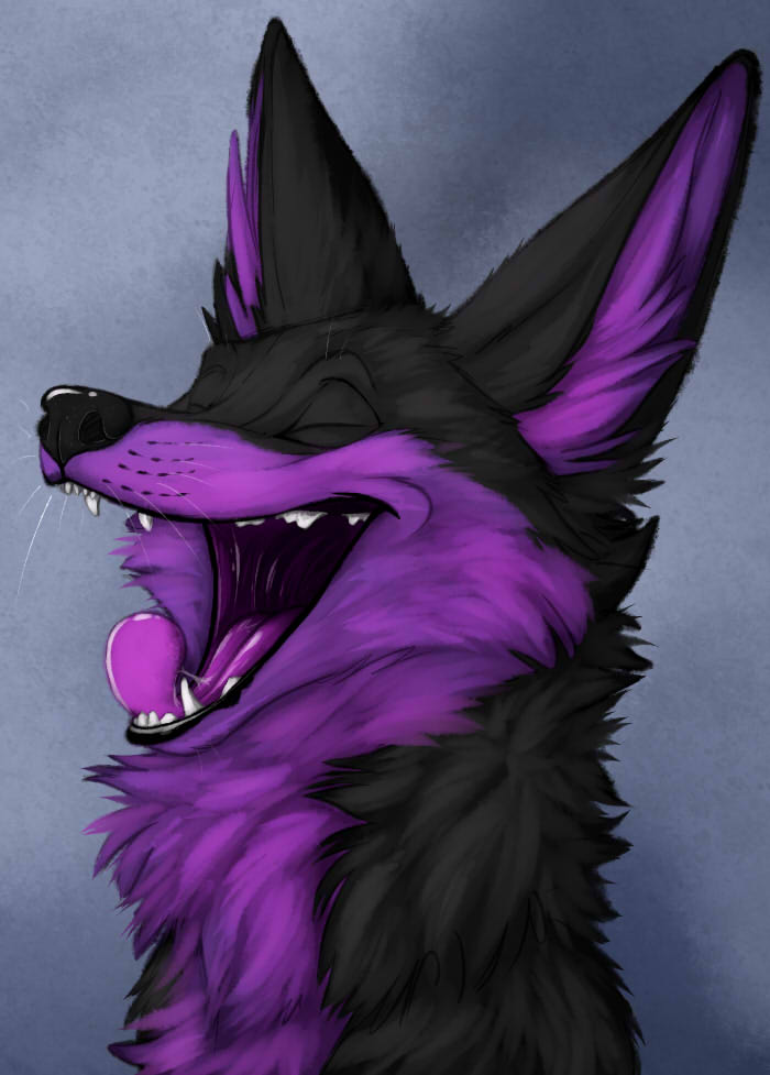 2018 anthro black_fur black_nose canine digital_media_(artwork) dys fox fur happy mammal maskedhusky multicolored_fur nude purple_fur simple_background smile tongue