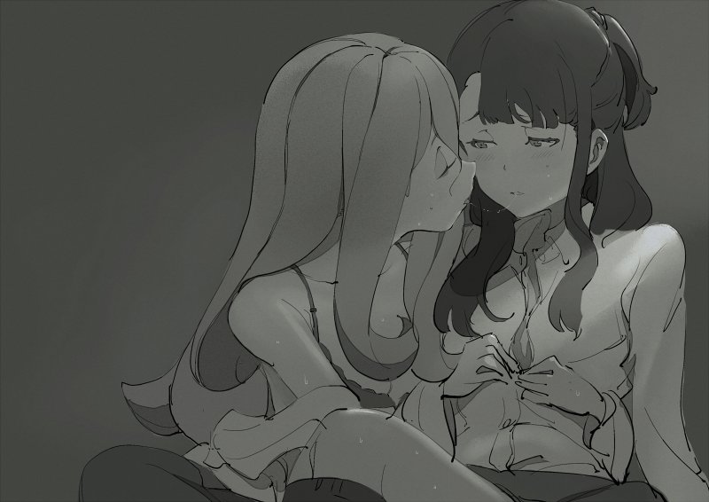 assisted_exposure bad_id bad_twitter_id blush bra breasts cleavage closed_eyes eyeshadow greyscale kagari_atsuko little_witch_academia long_hair long_sleeves looking_at_another makeup monochrome multiple_girls off_shoulder open_mouth saliva saliva_trail small_breasts sucy_manbavaran sweat unbuttoning underwear usurik yuri