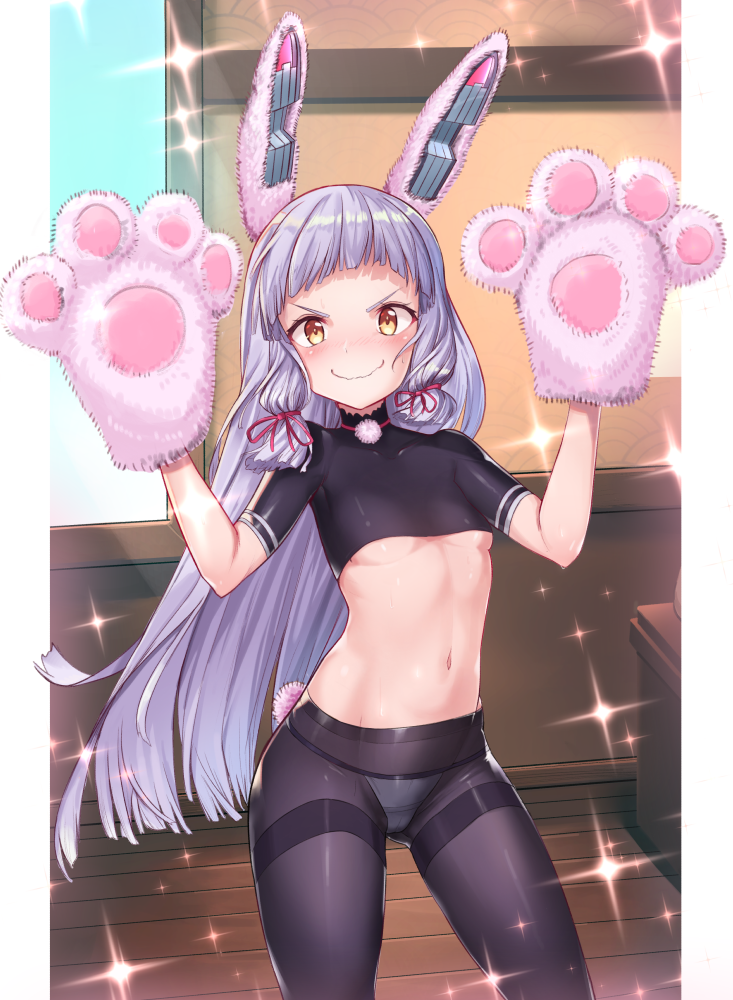 &gt;:) ass_visible_through_thighs bangs black_legwear blush breasts brown_eyes bunny_tail closed_mouth crop_top fake_tail gloves hair_ribbon headgear indoors kantai_collection legs_apart long_hair looking_at_viewer midriff murakumo_(kantai_collection) navel nervous_smile nose_blush panties panties_under_pantyhose pantyhose paw_gloves paws red_ribbon ribbon rubellent shiny shiny_skin short_sleeves silver_hair small_breasts smile solo sparkle stomach straight_hair sweatdrop tail thighband_pantyhose tress_ribbon underboob underwear v-shaped_eyebrows very_long_hair w_arms wavy_mouth white_panties window wooden_floor