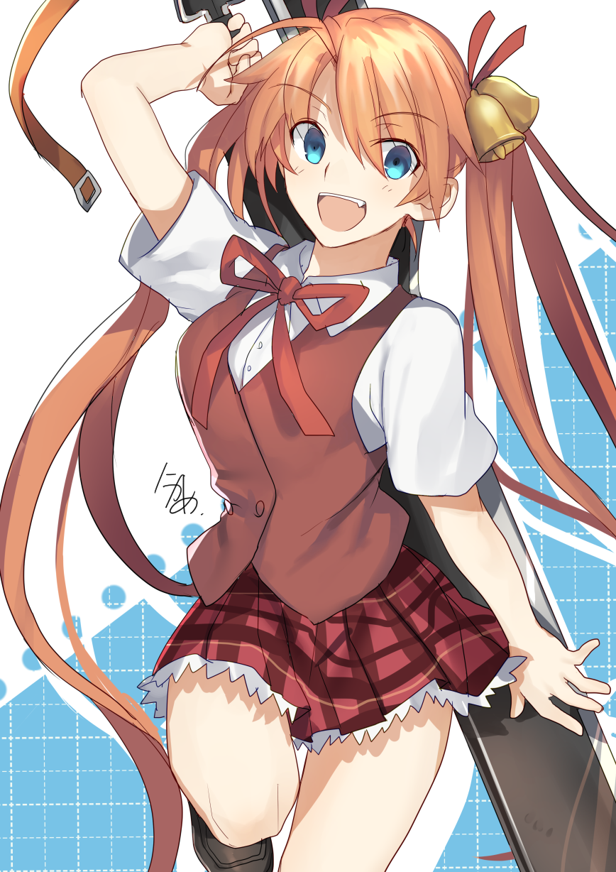 ahoge alternate_eye_color bell blue_eyes breasts commentary_request ensis_exorcizans eyebrows_visible_through_hair fang hair_bell hair_ornament hair_ribbon highres huge_weapon kagurazaka_asuna long_hair looking_at_viewer mahora_academy_middle_school_uniform mahou_sensei_negima! medium_breasts nikame open_mouth orange_hair over_shoulder plaid plaid_skirt red_ribbon red_skirt ribbon school_uniform skirt smile solo sword sword_over_shoulder thigh_gap twintails very_long_hair vest weapon weapon_over_shoulder