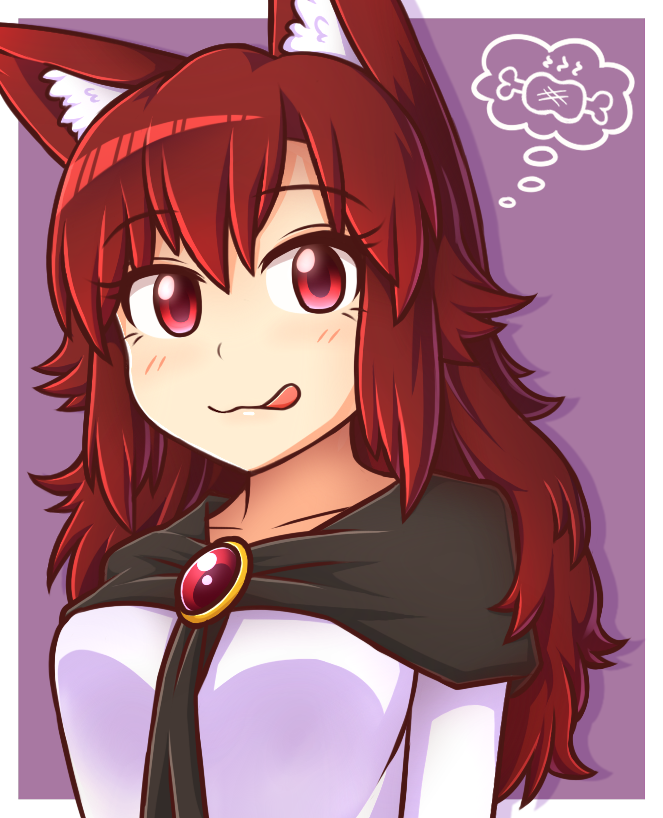 :q animal_ear_fluff animal_ears brooch brown_hair commentary imaizumi_kagerou jewelry long_hair looking_at_viewer red_eyes simple_background solo spoken_food tongue tongue_out touhou upper_body wolf_ears wool_(miwol)