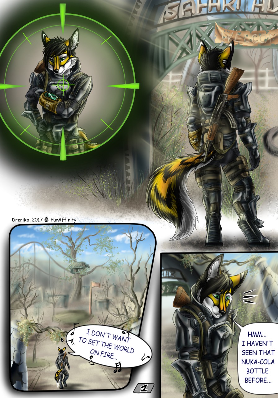 2017 ak-47 anthro architecture armor assault_rifle canine clothing comic crosshair detailed_background drerika dryden_teichmann ear_piercing english_text facial_markings fallout fox fur green_eyes gun hi_res lyrics male mammal markings multicolored_fur multiple_images outside piercing pip-boy ranged_weapon rifle solo song speech_bubble text video_games wasteland weapon