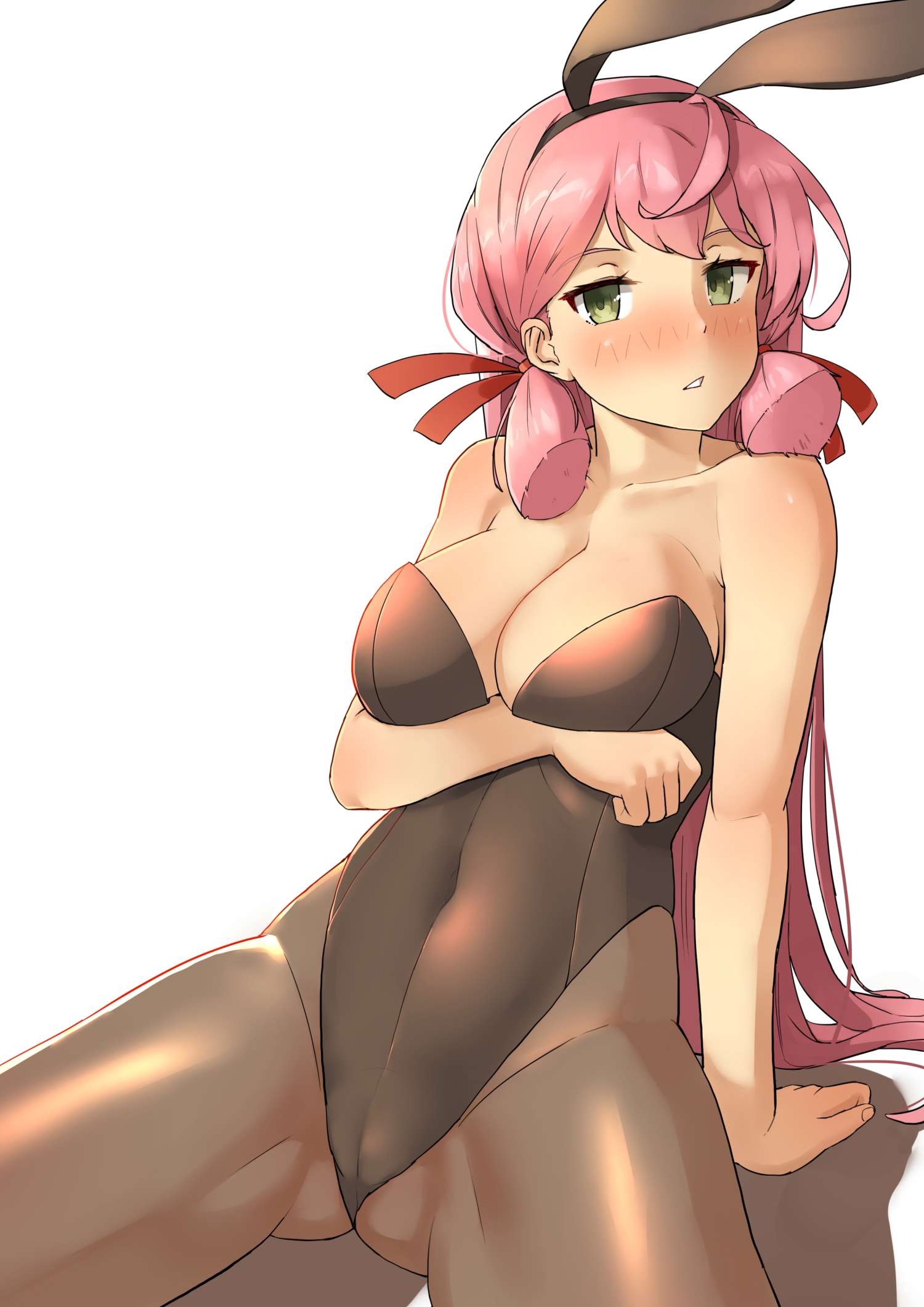 akashi_(kantai_collection) alternate_costume animal_ears arm_support arm_under_breasts ass_visible_through_thighs bare_arms bare_shoulders black_hairband black_legwear black_leotard blush breast_hold breasts bunny_ears bunnysuit collarbone cowboy_shot detached_collar green_eyes hair_ribbon hairband highres kantai_collection large_breasts leaning_back leotard long_hair looking_at_viewer nose_blush pantyhose parted_lips pink_hair red_ribbon revision ribbon simple_background sitting solo soushou_nin straight_hair strapless strapless_leotard tress_ribbon very_long_hair white_background