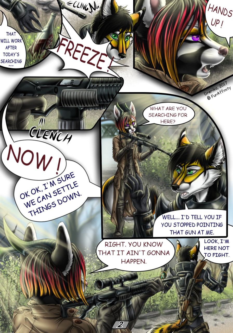 2017 ak-47 anthro armor assault_rifle canine claws clothing cola comicdetailed_background daria digital_media_(artwork) drerika dryden_teichmann ear_piercing english_text facial_markings fallout female feral fox fur green_eyes group gun hair hi_res horn male mammal markings multicolored_fur multiple_images nuka-cola open_mouth outside piercing pip-boy ranged_weapon rifle smile speech_bubble surprise teeth text video_games wasteland weapon