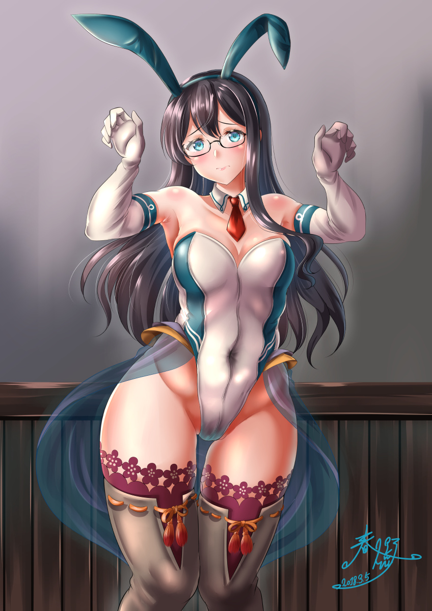 adapted_costume animal_ears armpits black_hair blue_eyes boots breasts bunny_ears bunny_girl bunnysuit dated detached_collar detached_sleeves fake_animal_ears glasses highleg highres kantai_collection kasugano_tobari lace lace-trimmed_thighhighs leotard lips long_hair looking_at_viewer medium_breasts ooyodo_(kantai_collection) purple_legwear red_neckwear showgirl_skirt signature smile solo thighhighs white_leotard wrist_cuffs