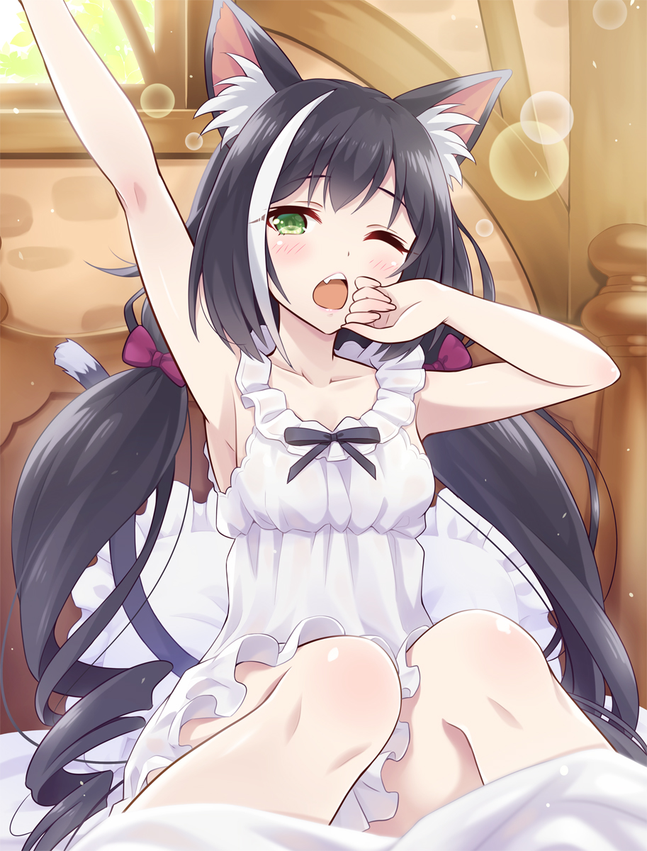 animal_ears arm_up armpits bangs bare_arms bare_shoulders black_hair blurry blurry_foreground blush bow cat_ears cat_tail collarbone commentary_request depth_of_field drill_hair eyebrows_visible_through_hair fang frilled_pillow frills green_eyes hair_bow highres indoors kyaru_(princess_connect) lens_flare long_hair looking_at_viewer low_twintails multicolored_hair one_eye_closed open_mouth pajamas pillow princess_connect! purple_bow revision sitting sleepy sleeveless solo streaked_hair tail twintails two-tone_hair urabi_(tomatohouse) very_long_hair waking_up white_hair white_pajamas yawning