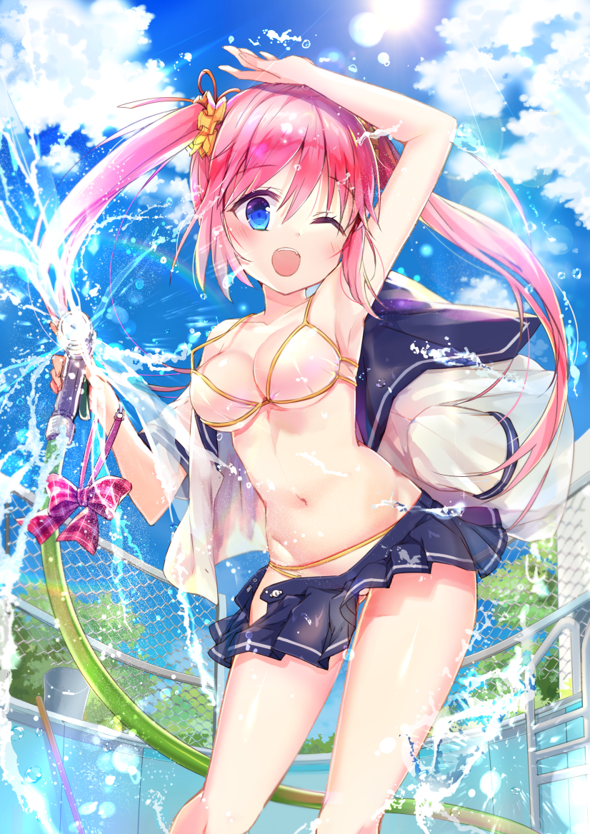 ;d arm_up armpits ass_visible_through_thighs bikini bikini_under_clothes blue_eyes blue_skirt blue_sky blush bow bowtie_removed breasts broom bucket cleavage commentary_request day empty_pool eyebrows_visible_through_hair hair_ribbon hand_on_own_head holding hose jin_young-in long_hair looking_at_viewer medium_breasts miniskirt moe2018 navel off_shoulder one_eye_closed open_clothes open_mouth open_shirt original outdoors pink_bow pink_hair plaid plaid_bow pleated_skirt pool pool_ladder rainbow red_ribbon revision ribbon shiny shiny_hair shiny_skin shirt short_sleeves sidelocks skirt sky smile solo splashing stomach strap_gap sun sunlight swimsuit tareme twintails walking white_bikini white_shirt