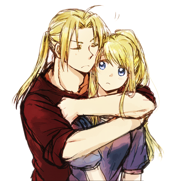 1girl ahoge blonde_hair blue_eyes blue_shirt closed_eyes commentary_request edward_elric eyebrows_visible_through_hair fullmetal_alchemist hug hug_from_behind long_hair ponytail red_shirt shirt sketch sleeves_folded_up tsukuda0310 winry_rockbell