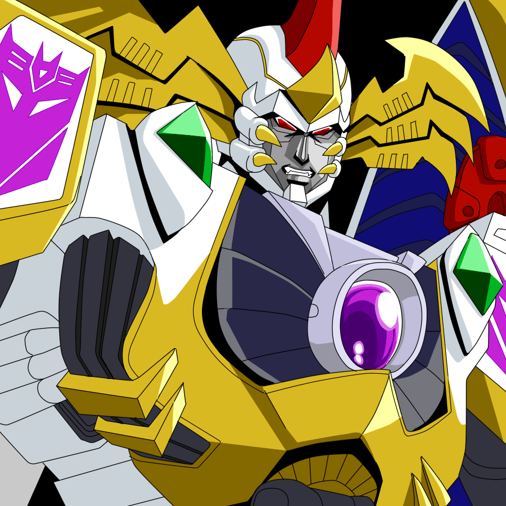 black_background commentary_request decepticon galvatron grinding horns hufuhao insignia looking_at_viewer no_humans red_eyes simple_background solo teeth transformers transformers_car_robots upper_body