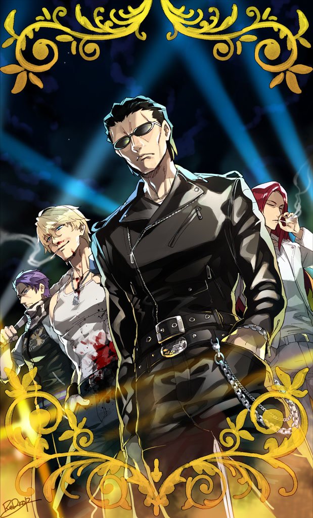 agravain_(fate/grand_order) bandana belt black_hair blonde_hair blood blood_on_face bloody_clothes card_(medium) card_parody check_commentary cigarette closed_mouth commentary_request contemporary craft_essence delinquent dog_tags dutch_angle fate/grand_order fate_(series) gawain_(fate/extra) hair_slicked_back hand_in_pocket jacket knights_of_the_round_table_(fate) lancelot_(fate/grand_order) leather leather_jacket long_hair male_focus multiple_boys parted_lips purple_hair red_hair redrop shirt signature skin_tight skull_print smoking tank_top tristan_(fate/grand_order) white_shirt wristband