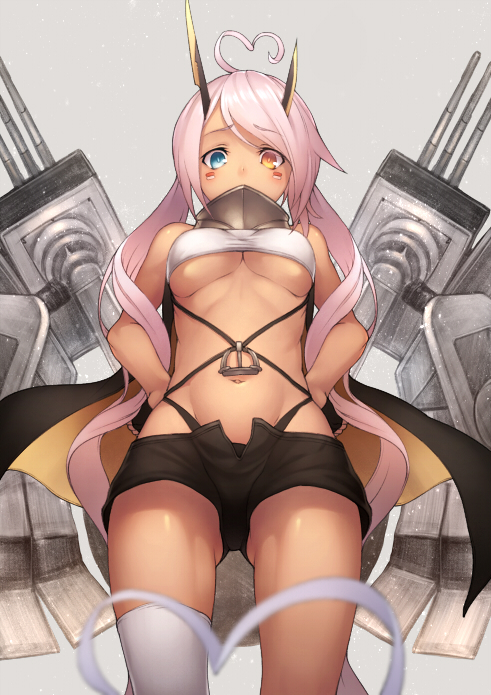 ahoge anchor ass_visible_through_thighs asymmetrical_horns azur_lane bangs banned_artist bare_arms bare_shoulders black_gloves black_shorts blue_eyes blush breasts collar crop_top crop_top_overhang facial_mark fingerless_gloves from_below gloves grey_background hands_on_hips heart_ahoge heterochromia horns indianapolis_(zhan_jian_shao_nyu) kyoeiki legs_apart long_hair looking_at_viewer looking_down machinery medium_breasts navel open_fly orange_eyes pink_hair shorts simple_background single_thighhigh solo stomach swept_bangs thighhighs thighs turret twintails underboob very_long_hair white_legwear