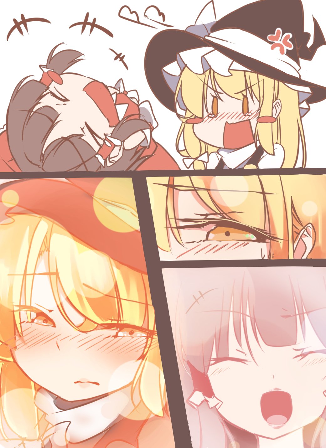 &gt;_&lt; 2girls :d anger_vein angry arm_hug bare_shoulders blonde_hair blouse blush blush_stickers bow brown_hair chibi close-up comic d: detached_sleeves frown gokuu_(acoloredpencil) hair_bow hair_tubes hakurei_reimu hat highres kirisame_marisa large_bow laughing looking_to_the_side medium_hair multiple_girls open_mouth ponytail prank red_eyes sad smile squinting sweat tearing_up tears touhou turtleneck upset v-shaped_eyebrows vest witch_hat xd yellow_eyes yuri