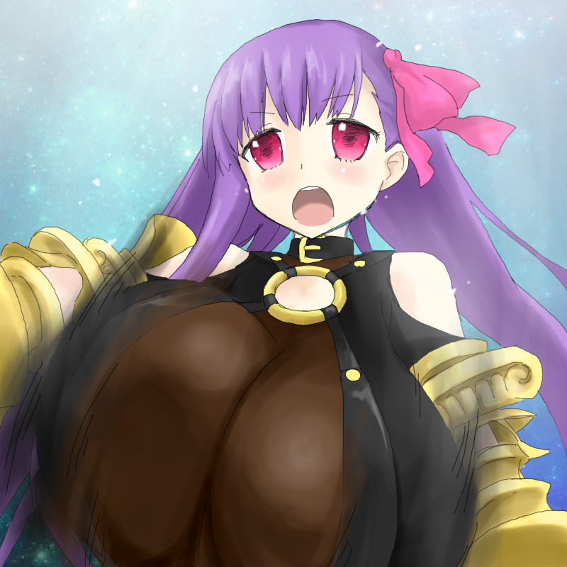 bouncing_breasts breasts commentary_request fate/extra fate/extra_ccc fate/grand_order fate_(series) gigantic_breasts hair_ribbon long_hair motion_blur motion_lines o-ring o-ring_top open_mouth oro_(zetsubou_girl) passion_lip pink_eyes pink_ribbon purple_hair ribbon solo very_long_hair