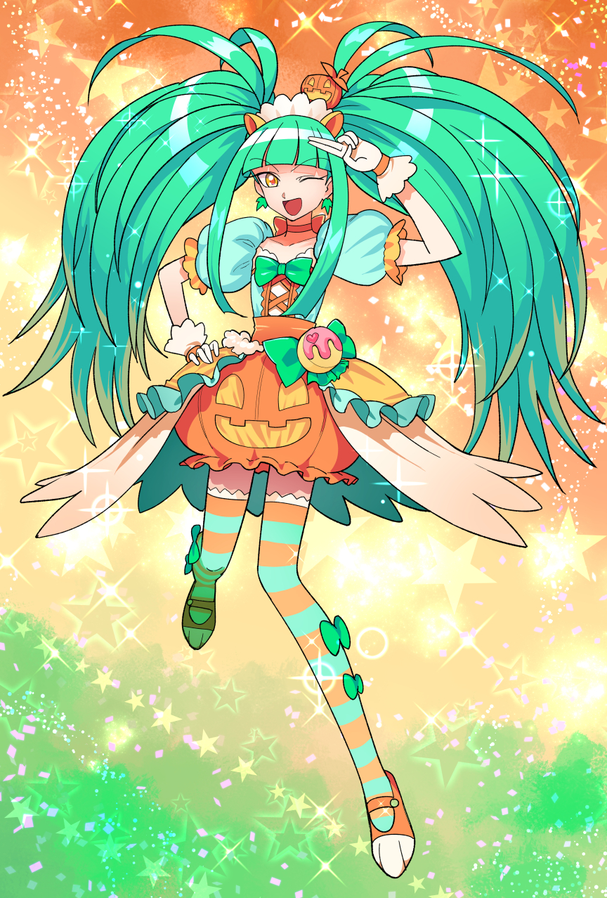 biburi_(precure) choker commentary_request dress earrings extra_ears eyebrows_visible_through_hair gloves green_hair green_shirt hand_on_hip hat highres jewelry kirakira_precure_a_la_mode leaf_earrings long_hair magical_girl one_eye_closed open_mouth orange_eyes orange_skirt precure pumpkin_hat pumpkin_pants salute shirt skirt smile solo star striped striped_legwear supurai thighhighs twintails two-finger_salute what_if white_gloves