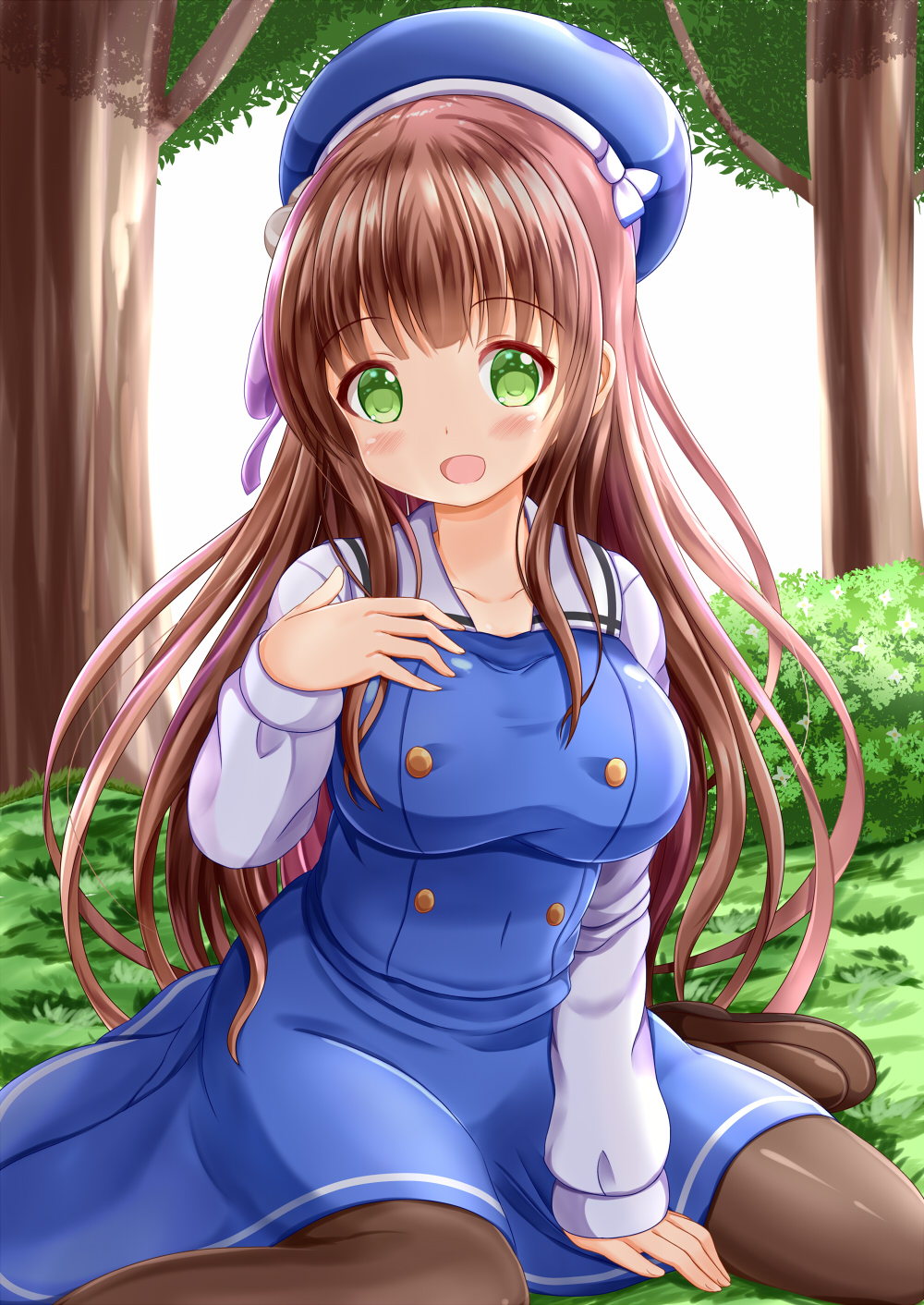 :d alternate_costume arm_support bangs beret between_legs black_legwear blue_hat blue_skirt blue_vest blush breasts brown_footwear brown_hair collarbone commentary_request day eyebrows_visible_through_hair fingernails gochuumon_wa_usagi_desu_ka? green_eyes hand_between_legs hat highres kafuu_chino's_school_uniform large_breasts loafers long_hair long_sleeves open_mouth outdoors pantyhose school_uniform shirt shoes skirt skirt_set sleeves_past_wrists smile solo sunlight tree ujimatsu_chiya very_long_hair vest white_shirt zenon_(for_achieve)