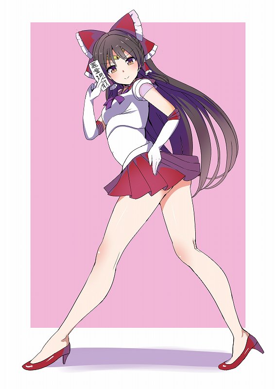amisu ass bishoujo_senshi_sailor_moon black_hair bow brown_eyes choker color_connection commentary_request cosplay elbow_gloves full_body gloves hair_bow hair_tubes hakurei_reimu hand_on_hip high_heels long_hair magical_girl namesake pleated_skirt red_footwear red_sailor_collar red_skirt sailor_collar sailor_mars sailor_mars_(cosplay) sailor_senshi_uniform satou_rina seiyuu_connection skirt solo touhou white_gloves