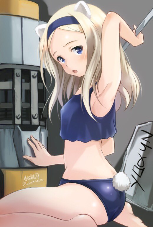 aleksandra_i_pokryshkin animal_ears arm_up armpits artist_name bear_ears bear_girl bear_tail black_hairband black_panties black_shirt blonde_hair blue_eyes brave_witches breasts commentary_request crop_top from_side hairband haruhata_mutsuki holding looking_at_viewer open_mouth panties shirt signature sitting small_breasts solo tail tank_top twitter_username underwear underwear_only wariza world_witches_series