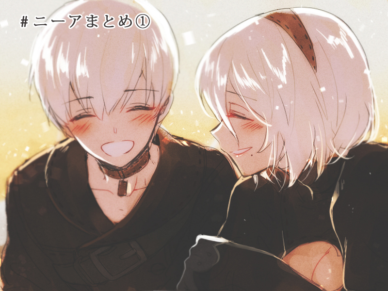 1girl black_dress black_headband black_shirt blush breasts cleavage cleavage_cutout closed_eyes collar collarbone commentary_request dress eyebrows_visible_through_hair gradient gradient_background headband looking_at_another medium_breasts mole mole_under_mouth nier_(series) nier_automata ninto shirt short_hair silver_hair smile yorha_no._2_type_b yorha_no._9_type_s
