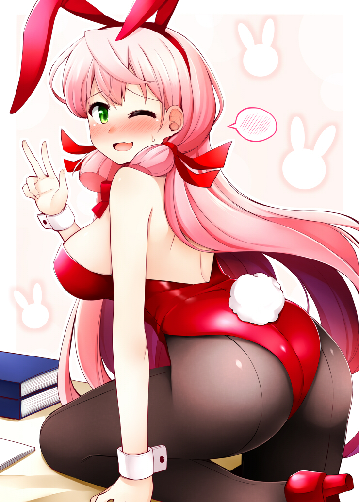 ;d akashi_(kantai_collection) alternate_costume animal_ears ass back-seamed_legwear bangs black_legwear blush book book_stack breasts bunny_background bunny_ears bunny_tail bunnysuit embarrassed eyebrows_visible_through_hair fake_animal_ears fake_tail from_side green_eyes hair_ribbon hairband high_heels kantai_collection lace large_breasts leaning_forward leg_up leotard long_hair looking_at_viewer looking_to_the_side nose_blush one_eye_closed open_mouth pantyhose pink_background pink_hair raised_eyebrows red_leotard red_ribbon ribbon rui_shi_(rayze_ray) seamed_legwear shiny shiny_clothes shoes sideboob smile solo speech_bubble spoken_blush standing standing_on_one_leg tail tress_ribbon v very_long_hair wrist_cuffs