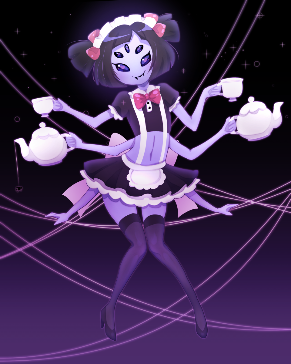 2018 arachnid arthropod clothed clothing digital_media_(artwork) female footwear hair hair_ribbon hi_res high_heels holding_object legwear looking_at_viewer maid_uniform muffet multi_arm multi_eye multi_limb pastelletta pigtails ribbons shoes short_hair solo spider undertale uniform video_games web