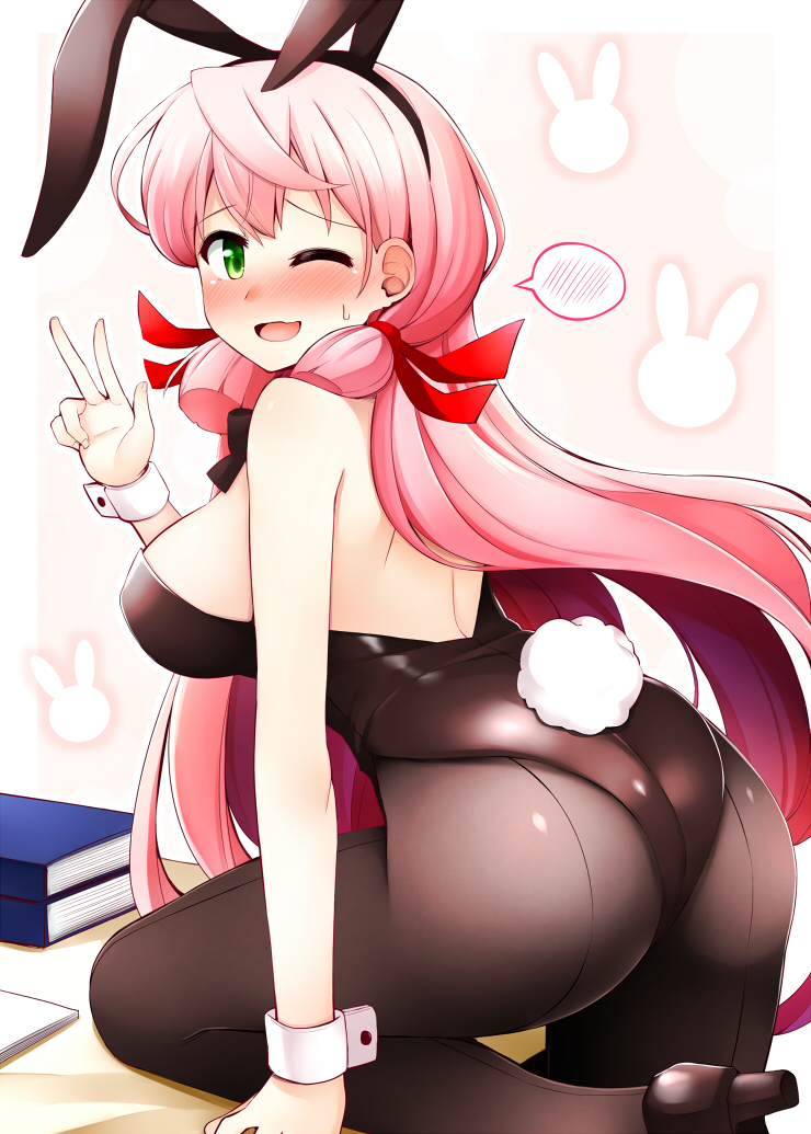 ;d akashi_(kantai_collection) alternate_costume animal_ears ass back-seamed_legwear bangs black_legwear black_leotard blush book book_stack breasts bunny_background bunny_ears bunny_tail bunnysuit embarrassed eyebrows_visible_through_hair fake_animal_ears fake_tail from_side green_eyes hair_ribbon hairband high_heels kantai_collection lace large_breasts leaning_forward leg_up leotard long_hair looking_at_viewer looking_to_the_side nose_blush one_eye_closed open_mouth pantyhose pink_background pink_hair raised_eyebrows red_ribbon ribbon rui_shi_(rayze_ray) seamed_legwear shiny shiny_clothes shoes sideboob smile solo speech_bubble spoken_blush standing standing_on_one_leg tail tress_ribbon v very_long_hair wrist_cuffs