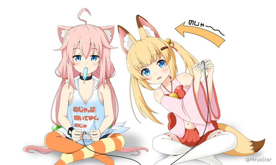 :3 ahoge animal_ear_fluff animal_ears asymmetrical_legwear bare_arms bare_shoulders blue_eyes blush butterfly_sitting cat_ears choker clothes_writing commentary_request controller detached_sleeves food food_in_mouth fox_ears fox_tail game_controller hair_bobbles hair_ornament hairclip hakama_skirt hinata_channel kemomimi_oukoku_kokuei_housou leaning_over long_hair looking_at_viewer low_twintails midriff miicha mikoko_(kemomimi_oukoku_kokuei_housou) mouth_hold multiple_girls navel nekomiya_hinata nontraditional_miko over-kneehighs parted_lips pink_hair popsicle red_skirt ribbon-trimmed_legwear ribbon_trim shadow simple_background skirt striped striped_legwear tail tank_top thighhighs twintails twitter_username two_side_up virtual_youtuber watch white_background white_legwear wide_sleeves wristwatch