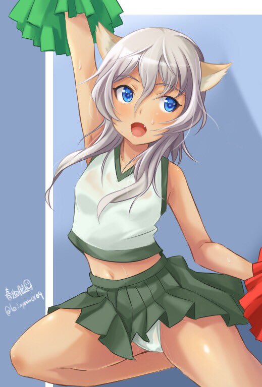 alternate_costume animal_ears arm_up artist_name bangs blue_eyes cheerleader commentary_request cowboy_shot dark_skin eyebrows_visible_through_hair giuseppina_ciuinni green_shirt green_skirt grey_hair haruhata_mutsuki holding leg_up long_hair looking_to_the_side midriff miniskirt panties pantyshot pantyshot_(standing) pleated_skirt pom_poms shirt signature skirt sleeveless sleeveless_shirt solo standing twitter_username underwear white_panties world_witches_series