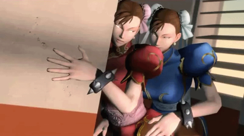 2girls 3d against_wall alternate_color animated animated_gif artist_request bounce bouncing_breasts bracelet breasts brown_hair brown_legwear bun_cover capcom china_dress chinese_clothes chun-li clenched_teeth double_bun dress dual_persona dutch_angle female frottage hair_bun hair_ribbon hands_on_another's_hips humping indoors large_breasts legwear looking_back looking_over_shoulder molestation multiple_girls naughty_face naughty_smile no_bra pantyhose player_2 puffy_short_sleeves puffy_sleeves qipao ribbon sexually_suggestive short_hair short_sleeves smile solo source_filmmaker spiked_bracelets standing street_fighter yuri