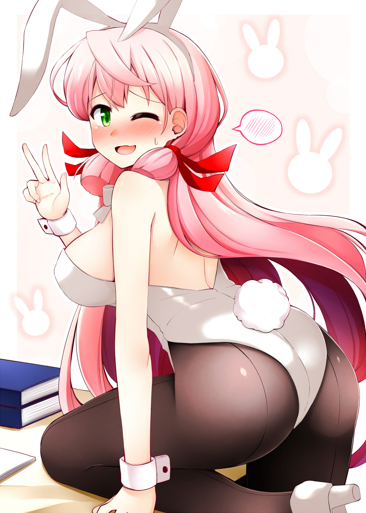 ;d akashi_(kantai_collection) alternate_costume animal_ears ass back-seamed_legwear bangs black_legwear blush book book_stack breasts bunny_background bunny_ears bunny_tail bunnysuit embarrassed eyebrows_visible_through_hair fake_animal_ears fake_tail from_side green_eyes hair_ribbon hairband high_heels kantai_collection lace large_breasts leaning_forward leg_up leotard long_hair looking_at_viewer looking_to_the_side nose_blush one_eye_closed open_mouth pantyhose pink_background pink_hair raised_eyebrows red_ribbon ribbon rui_shi_(rayze_ray) seamed_legwear shiny shiny_clothes shoes sideboob smile solo speech_bubble spoken_blush standing standing_on_one_leg tail tress_ribbon v very_long_hair white_leotard wrist_cuffs